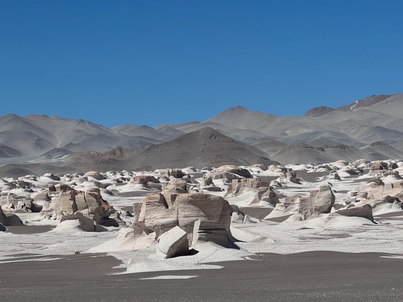White pumice-stone formations scattered across the Puna desert under a deep blue sky
